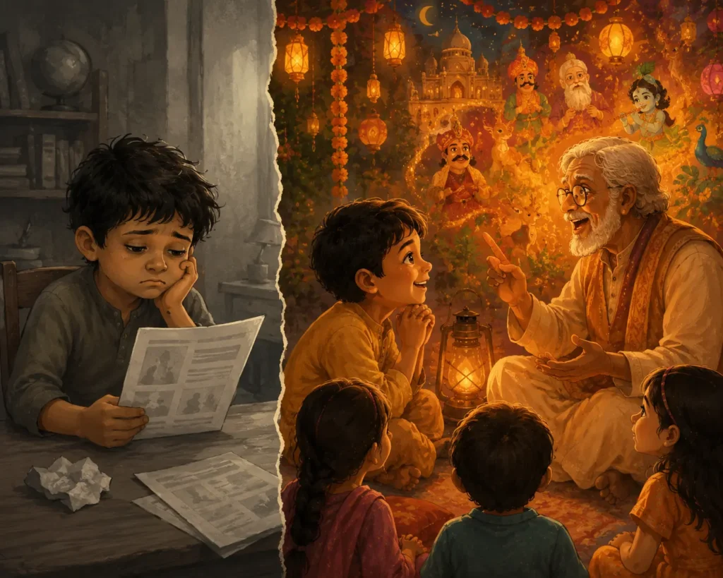 Festival stories for children— teacher telling the story of Rama and Diwali to a classroom