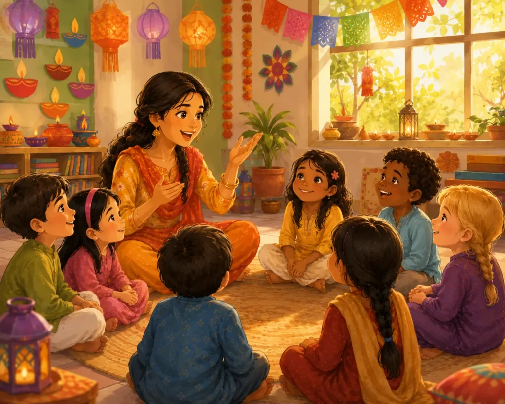 "Festival stories for children— students at a Kerala school listening to the Onam Mahabali legend