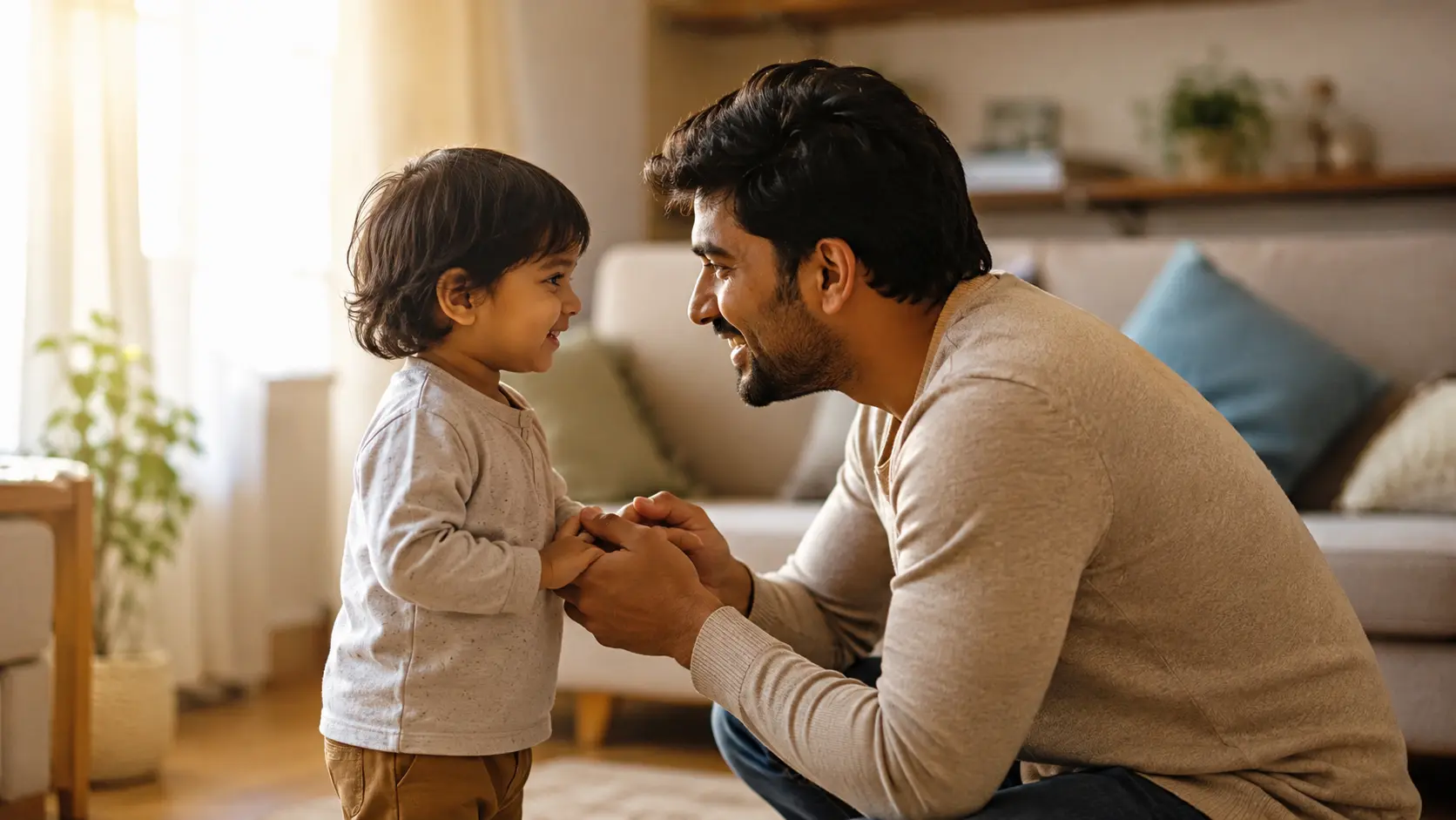 Parenting Tips for New Parents: Real Methods That Actually Work Parent kneeling to eye level with toddler, illustrating parenting tips for new parents