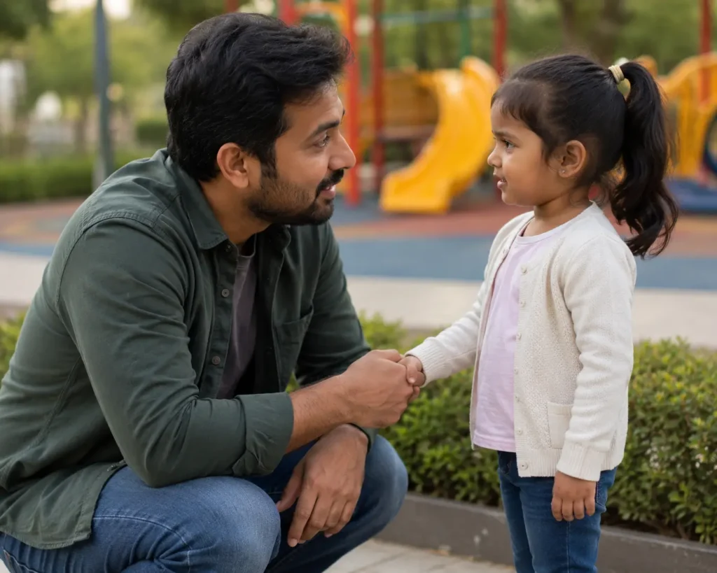 Parenting Tips for New Parents: Real Methods That Actually Work Father crouching to connect with daughter outdoors, a key parenting tip for new parents