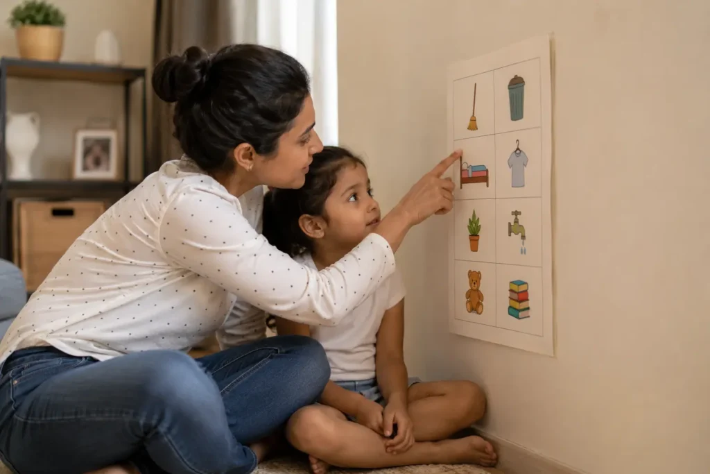 Parenting Tips for New Parents: Real Methods That Actually Work Parent and child reviewing a rules chart, showing positive discipline parenting tips for new parents