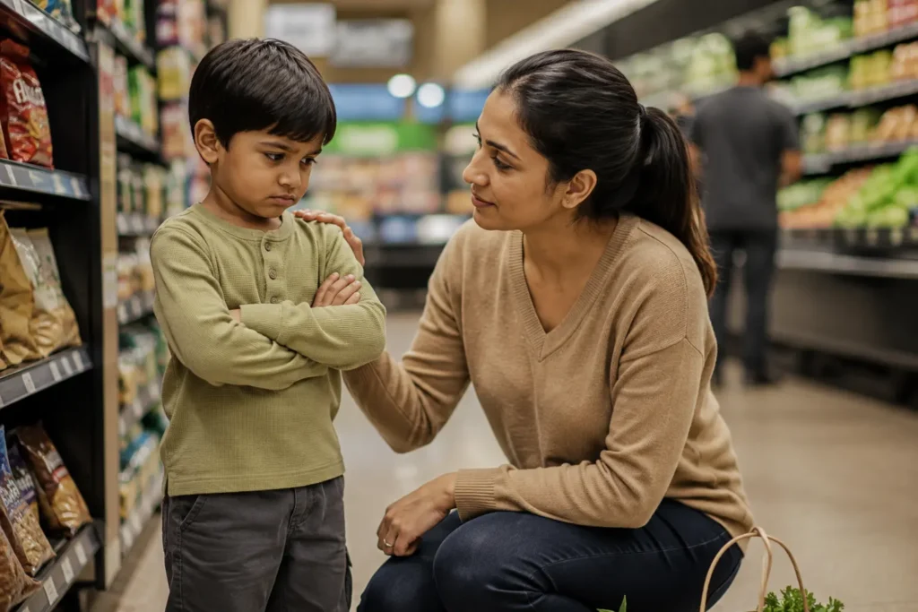 Parenting Tips for New Parents: Real Methods That Actually Work Calm parent comforting frustrated child in store, a meltdown tip from parenting tips for new parents