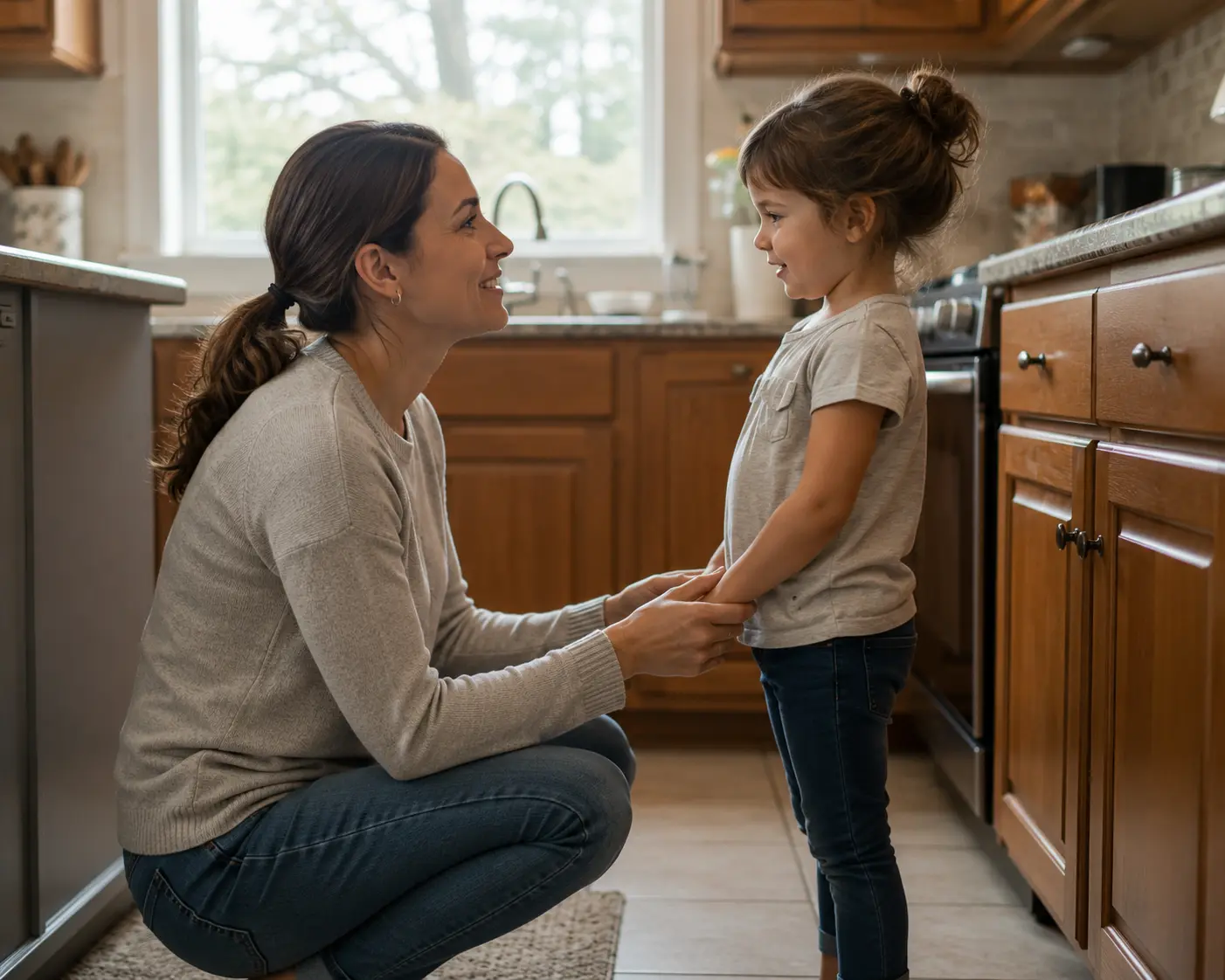 Proven Good Parenting Tips That Actually Work Mid-Meltdown Good parenting tips: a calm parent kneeling to talk with an upset child
