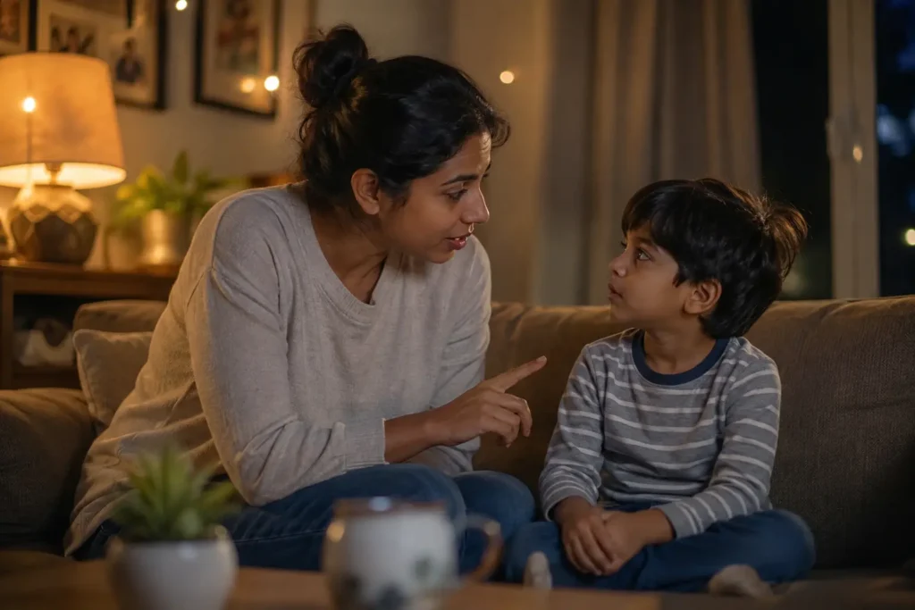 Proven Good Parenting Tips That Actually Work Mid-Meltdown Good parenting tips — father calmly explaining a house rule to his son before conflict starts