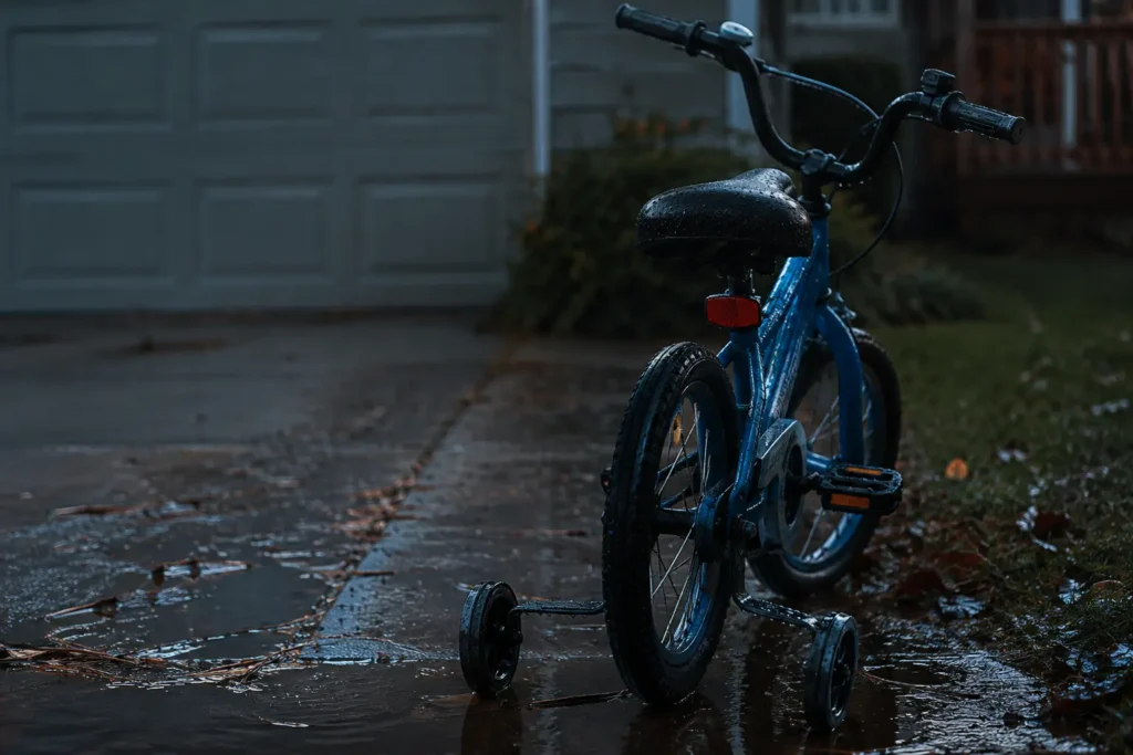 Proven Good Parenting Tips That Actually Work Mid-Meltdown Good parenting tips — child's bicycle left out overnight with a wet seat from rain