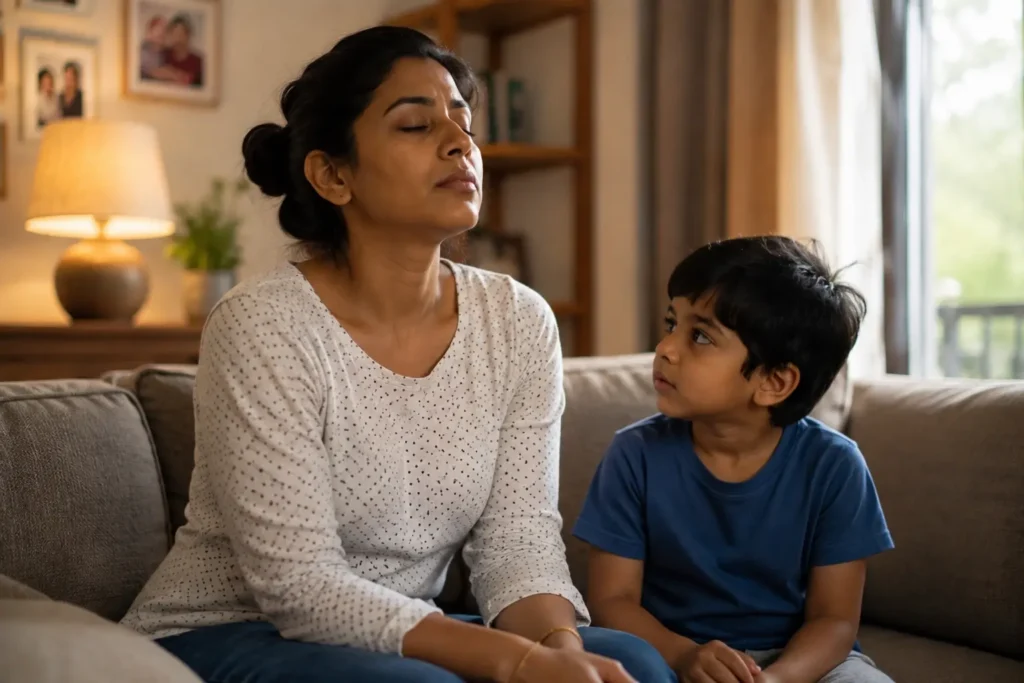 Proven Good Parenting Tips That Actually Work Mid-Meltdown Good parenting tips — parent taking a deep breath to model calm behavior for their child