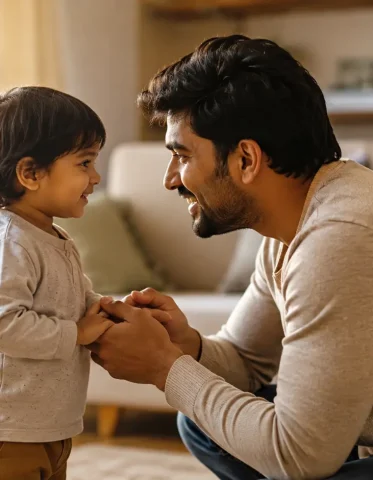 Parent kneeling to eye level with toddler, illustrating parenting tips for new parents