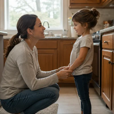 Good parenting tips: a calm parent kneeling to talk with an upset child