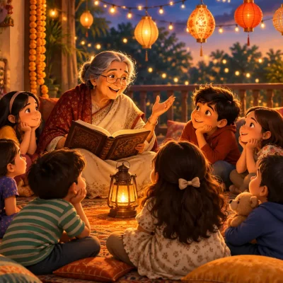 "Festival stories for children— child listening to a bedtime story about a holiday tradition"
